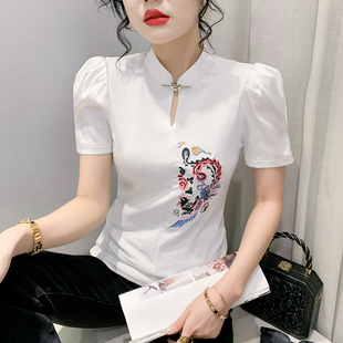 中国风立领刺绣T恤女短袖夏装洋气设计感泡泡袖上衣修身显瘦小衫