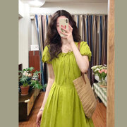 法式复古短袖连衣裙女春夏季泡泡袖收腰长裙，绿色棉质裙子中长