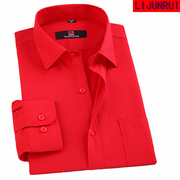男士大红色商务休闲长袖棉衬衫，细条纹男装免烫，衬衣本命年红寸衣