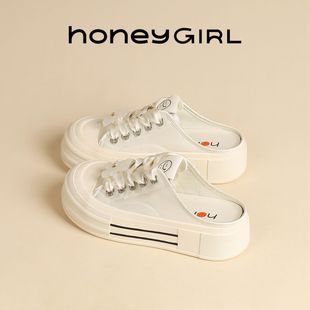 honeygirl帆布女鞋2024春夏秋款新中式百搭高跟弹力包头半拖女鞋
