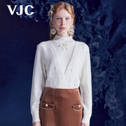 VJC/威杰思秋冬女装米白假两件羊毛衫短蕾丝绣花短款上衣