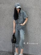 RR fashion 工装牛仔连体裤女2024夏季抽绳高腰长裤连体衣