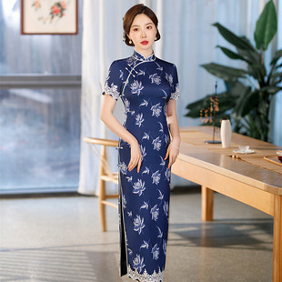 改良旗袍修身高开叉双层长款女复古中国风老上海日常生活装连衣裙