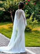 珍珠网纱系带薄款披肩新娘婚纱礼服披风旅游拍照防晒宽松罩衫