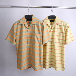 热带夏威夷风纯棉男式清爽条纹，短袖东南亚古巴领复古宽松大码衬衫