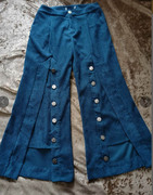 高端定制女装 湖蓝色纽扣装饰竖条绒独特设计时尚长裤