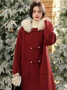 仿狐狸毛毛领(毛毛领)中长款圣诞红色毛呢外套，气质名媛风富家千金穿搭