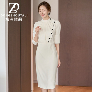 2020夏装时尚白色高端大气立领职业白领气质女士连衣裙优雅中裙厂