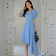 蓝色连衣裙高级感收腰不规则气质荷叶边长裙2023夏天裙子气质名媛