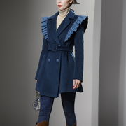 秋冬季女装2023蓝色修身西装呢子大衣加厚收腰短款羊毛呢