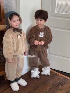 儿童棉服睡衣套装秋冬男女童童装，韩版卡通小熊毛毛两件套套装