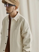 日系工装大码米白色衬衫外套男士春秋季简约宽松休闲长袖衬衣潮流