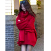 红色毛衣女秋冬加j厚2023宽松外穿慵懒风中长版新年针织衫上