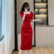 短袖红色连衣裙女夏季方领法式复古收腰显瘦气质敬酒订婚裙