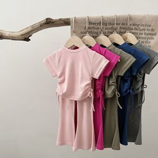 女童短袖T恤长裤套装度假风运动纯色玫红粉色喇叭裤宝宝中小童夏