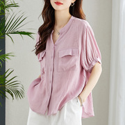 2024春季粉紫色V领冰丝短袖衬衫女宽松气质通勤薄款上衣韩版