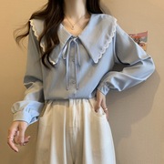 法式设计感春夏款小众花边娃娃领衬衫女新款百搭款长袖白色衬衫