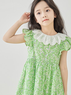 夏季2024女童纯棉甜美超仙连衣裙花边领绿色碎花公主裙