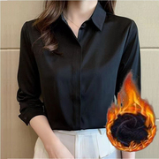 加绒加厚秋冬黑色衬衫女长袖，韩版设计感宽松工装百搭衬衣女