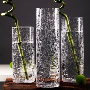 大号透明玻璃插花瓶富贵竹，百合水培花器碎冰花直圆筒裂纹