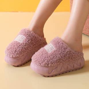 秋冬季棉拖鞋坡跟居家室内防滑高跟防水加厚底可爱毛毛拖鞋女