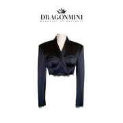 dragonmini法式垫肩短款黑色蕾丝，西装外套小众原创设计