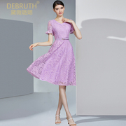 黛薇璐媤紫色v领镂空蕾丝，连衣裙仙女春夏法式气质收腰礼服裙