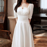 春装白色连衣裙优雅显瘦方领法式小晚礼服裙生日，宴领证伴娘服
