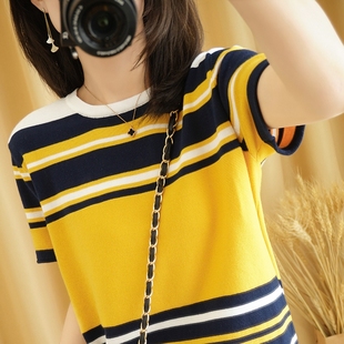 24针织短袖女短款纯棉条纹圆领彩条T恤韩版减龄显瘦时尚百搭