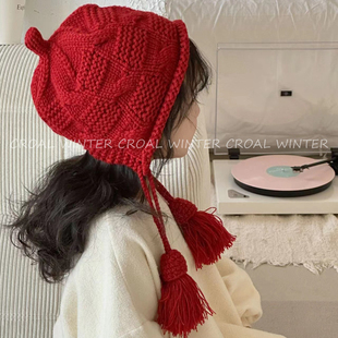 可儿妈韩国儿童针织帽流苏帽，女童毛线帽红色宝宝护耳可爱甜美帽子