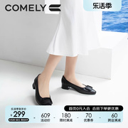 康莉粗跟单鞋女2023年春季方扣真皮低跟尖头软底舒适职业鞋