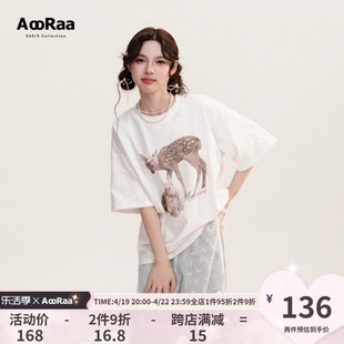 夏季AooRaa原创设计  两只小鹿  小鹿印花短袖动物T恤