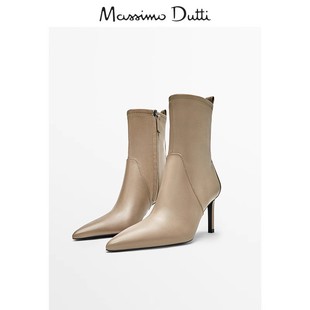 MassimoDuti女鞋秋季驼色真皮尖头高跟鞋细跟踝靴侧拉链短靴