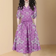 欧美名媛女神范气质(范，气质)减龄休闲套装，女夏紫色衬衫半身裙子时尚两件套