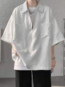 白色短袖男款polo衫痞帅设计感男装七分袖t恤夏季半拉链工装半袖