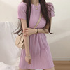 韩国chic夏季温柔气质，圆领坑条显瘦冰丝，薄款短袖包臀针织连衣裙女