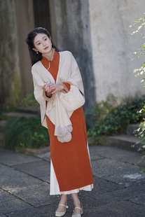 她来了复古馆柿柿如意旗袍冬季长袖，优雅新中式风中长款连衣裙