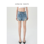 concise-white简白做旧破洞高腰牛仔短裤，女2023春季