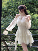 法式白色长袖连衣裙仙女夏季仙气收腰甜美雪纺短裙荷叶边蛋糕裙子