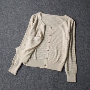 5552-纯棉好做工 针织镂空水钻纽扣短款圆领长袖开衫 薄针织衫