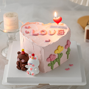 情人节心形蛋糕装饰软胶，派对帽熊兔情侣摆件，红色爱心蜡烛甜品装扮