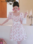 皇妃雅丽小众定款小仙粉色，印花雪纺款拼接白色蝴蝶结连衣裙l3738#