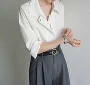 温凉拉链式翻领长袖休闲宽松衬衫，慵懒随意衬衫，白套头(白套头)2024春