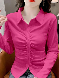 玫红色收腰长袖衬衫女2024春季polo领修身显瘦单排扣打底衫上衣