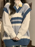 韩系学院风针织毛衣套装，女秋冬小众慵懒风马甲衬衫两件套