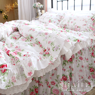 韩式田园公主风粉玫瑰花卉蕾丝全棉纯棉床裙款床上用品被套四件套