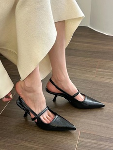 黑色高跟鞋尖头单鞋仙女鞋子2023春夏季气质名媛法式包头凉鞋