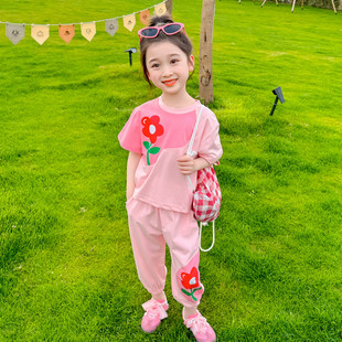 女童夏季休闲套装小女孩时髦洋气，花朵韩版儿童宝宝撞色运动两件套
