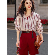 职业通勤短裤套装女夏季条纹长袖衬衫西装阔腿裤红色轻熟风两件套