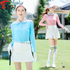 高尔夫服装女款t恤长袖，polo衫竖条纹针织翻领，修身白色上衣球服